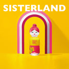 Sisterland perfume bottle with colorful design on a yellow background