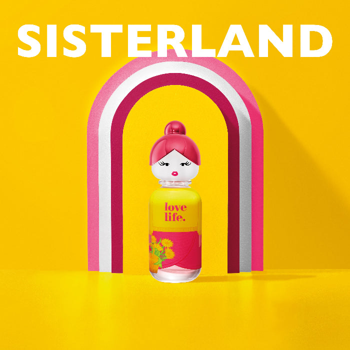 Sisterland perfume bottle with colorful design on a yellow background