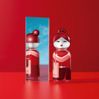 Red and white character-shaped bottle with a mirror on a red background