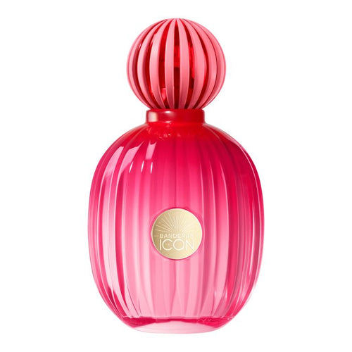 Fragrance Bottle Banderas Icon for Her. Pink perfume bottle on white backgrounds