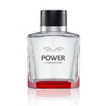 Banderas Power of Seduction perfume in a stylish glass bottle featuring a bold red cap, showcased on a clean white background