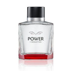 Banderas Power of Seduction perfume in a stylish glass bottle featuring a bold red cap, showcased on a clean white background