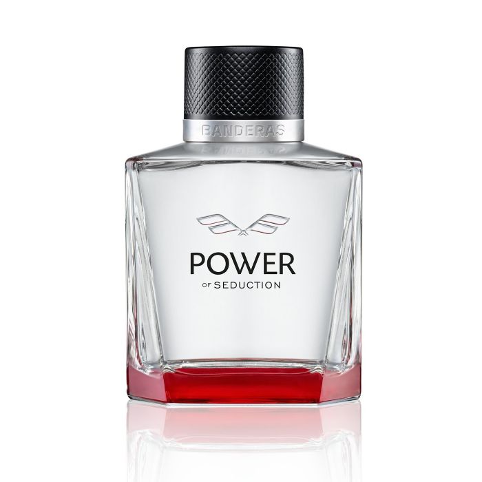 Banderas Power of Seduction perfume in a stylish glass bottle featuring a bold red cap, showcased on a clean white background