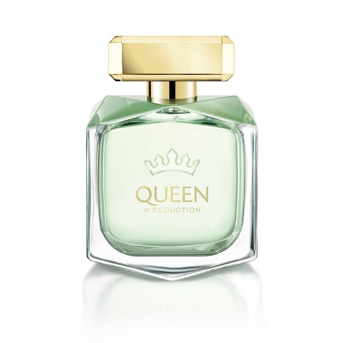 Banderas Queen of Seduction Women's Fragrance. Green and gold bottle on white background