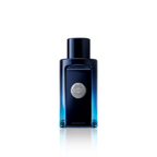 Blue perfume bottle with a silver cap on a white background