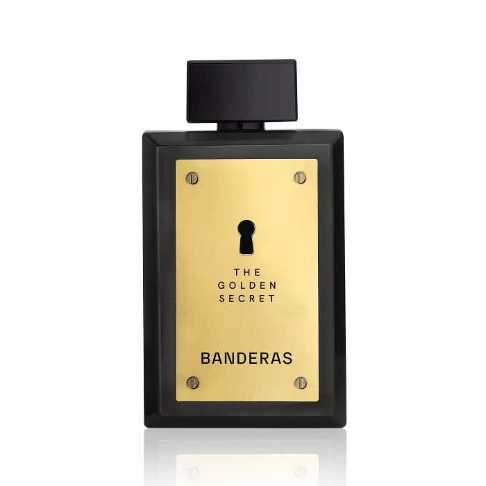 Banderas black and gold perfume bottle on white background