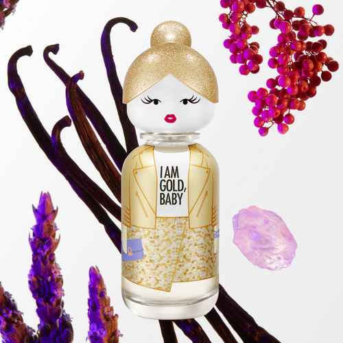 Perfume bottle with gold cap and label, surrounded by vanilla beans and flowers on a white background