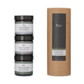 Brighton Beard Co. Rye Skincare Routine outer packaging alongside a neatly stacked arrangement of the skincare products, showcasing minimalist, earthy-toned design with clean typography and natural branding.