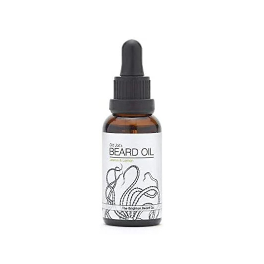 Brighton Beard Old Joll's Beard Oil 30ml in a dark glass bottle with dropper, labeled with Jasmin & Lemon scent, featuring minimalist vintage-style branding on a neutral background