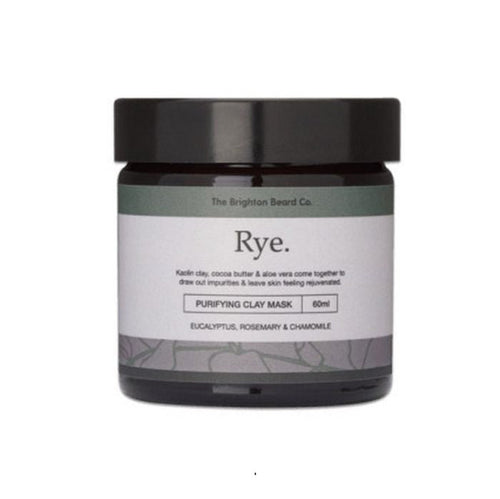 Brighton Beard Co. Rye Purifying Clay Mask in a closed jar, featuring minimalist design with earthy branding and clean, modern typography on a white background.