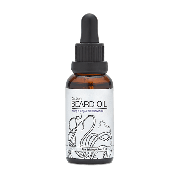 righton Beard Old Joll's Beard Oil 30ml in a dark glass bottle with dropper, labeled with Ylang Ylang & Sandalwood scent, featuring clean, vintage-style branding on a neutral background.