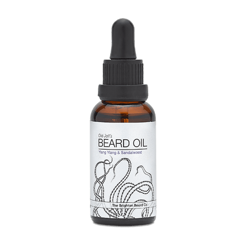 righton Beard Old Joll's Beard Oil 30ml in a dark glass bottle with dropper, labeled with Ylang Ylang & Sandalwood scent, featuring clean, vintage-style branding on a neutral background.