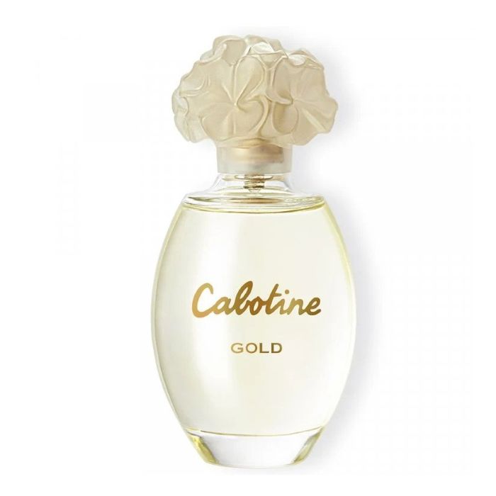 Grès Cabotine Gold perfume bottle with elegant golden accents, a shimmering translucent flacon, and a luxurious floral-shaped cap—sophisticated fragrance packaging inspired by opulence and glamour from the iconic Cabotine line.