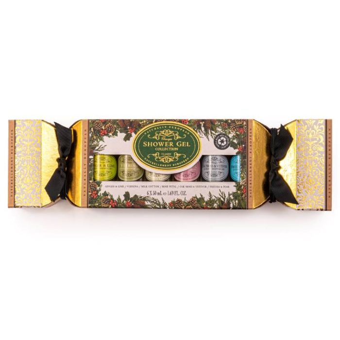 Set of shower gel bottles in a decorative box with a Christmas theme.