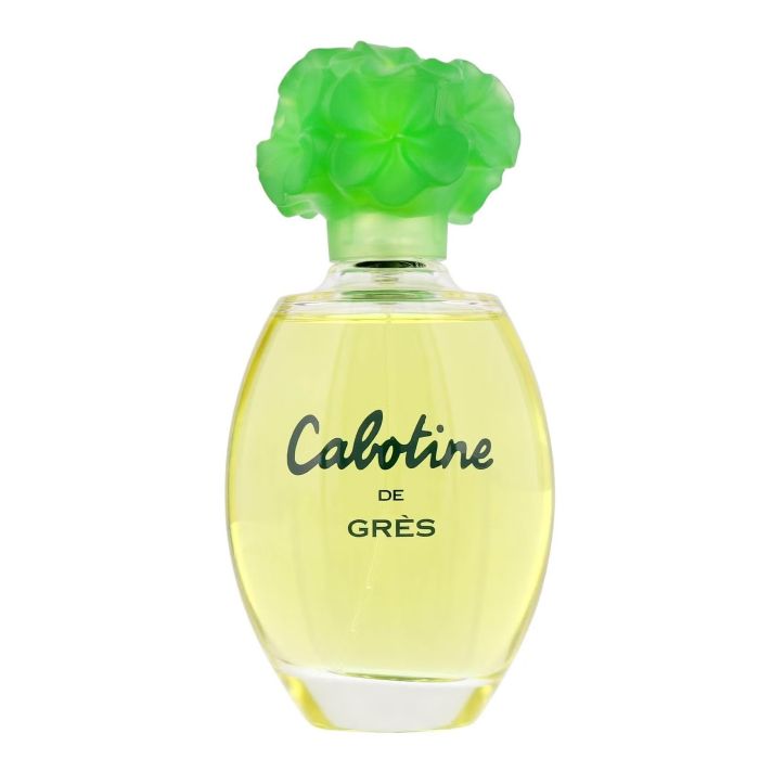 Grès Cabotine perfume bottle with signature green floral cap, light green glass flacon, and elegant branding—classic women’s fragrance packaging known for its fresh, floral design and timeless appeal.
