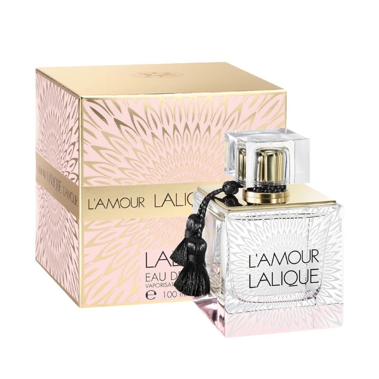 Lalique perfume bottle with packaging on a white background