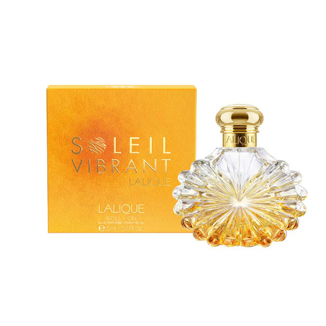 Perfume bottle and packaging of Lalique Soleil Vibrant on a white background