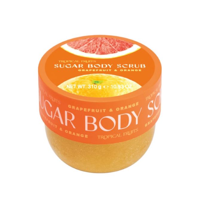 Jar of sugar body scrub with grapefruit and orange design on an orange label