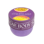 Purple jar of sugar body scrub with tropical fruit design on a white background