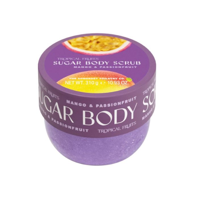 Purple jar of sugar body scrub with tropical fruit design on a white background