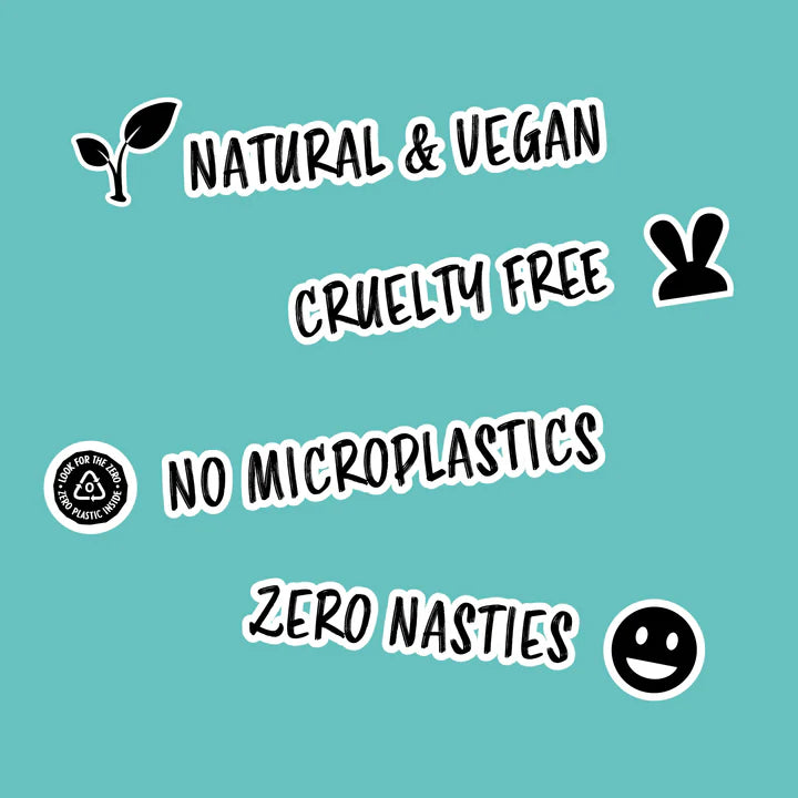 Text and icons on a teal background indicating natural, vegan, cruelty-free, no microplastics, and zero nasties.