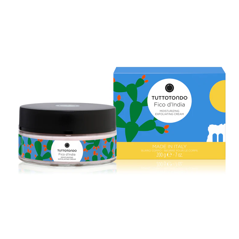 Tuttotondo Fico d'India moisturizing exfoliating cream jar and packaging on a white background