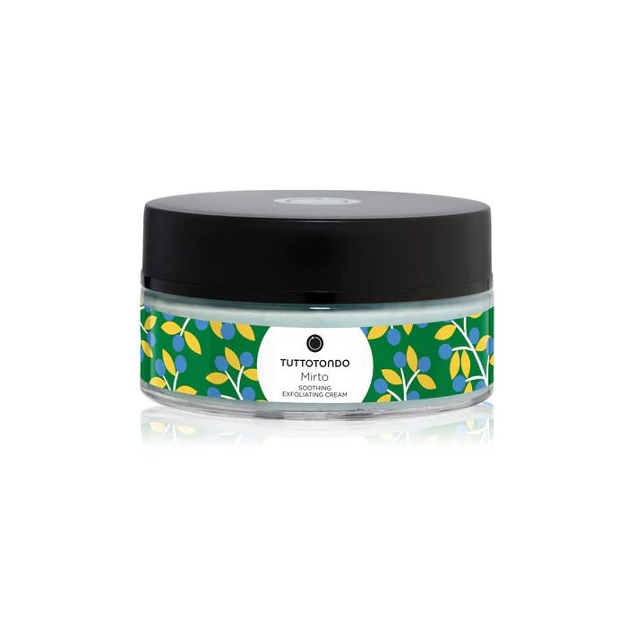 jar of exfoliating cream with Mrtyl design by Olimpia Zagnoli. Clear glass jar containing blue cream with green and yellow wrapping and black lid on white background.