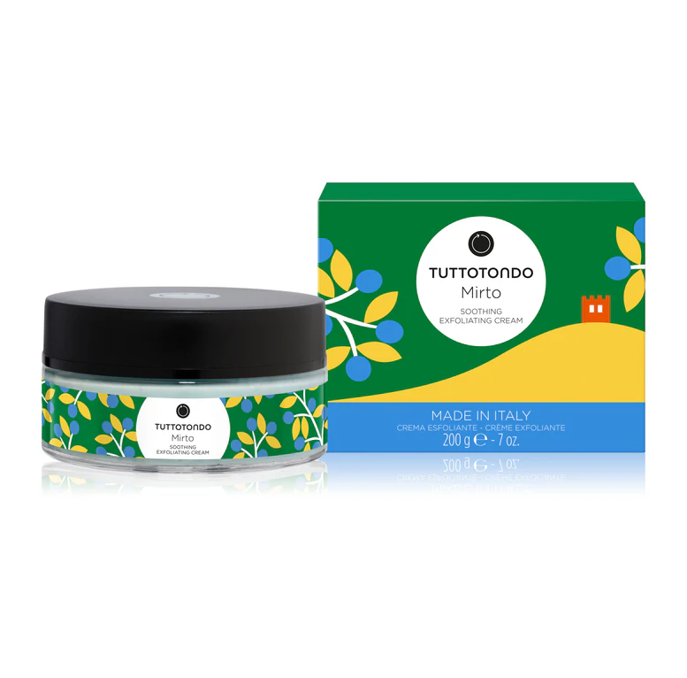 Tuttotondo Mirto exfoliating cream jar with matching box packaging, featuring natural myrtle extract and gentle exfoliating granules for smooth, refreshed skin
