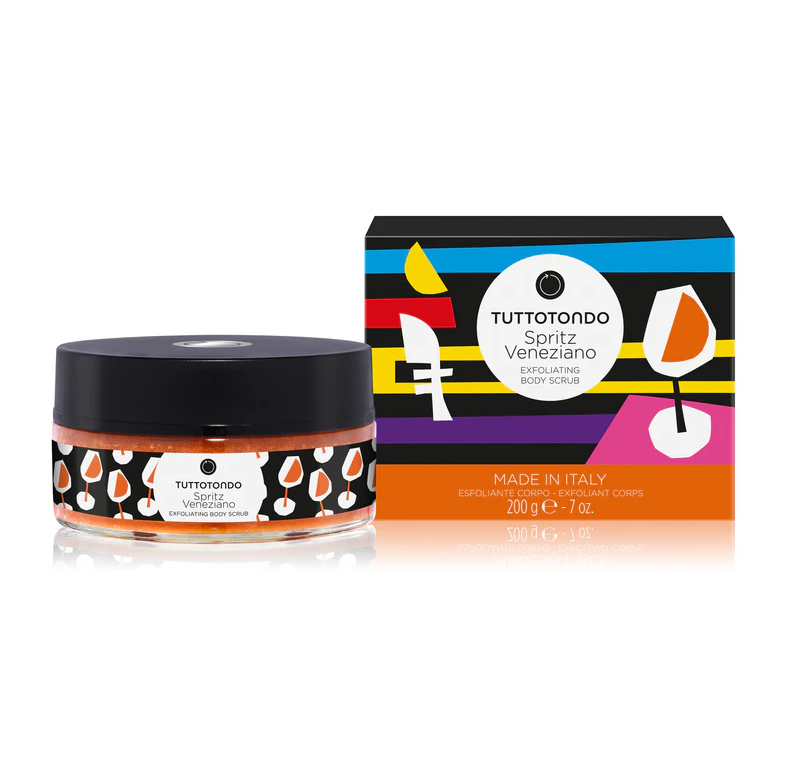 Tuttotondo Spritz Veneziano body scrub jar and packaging on a white background