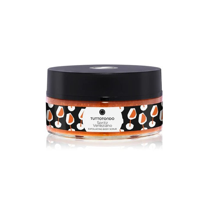 Tuttotondo Spritz Veneziano exfoliating body scrub jar with vibrant orange packaging.