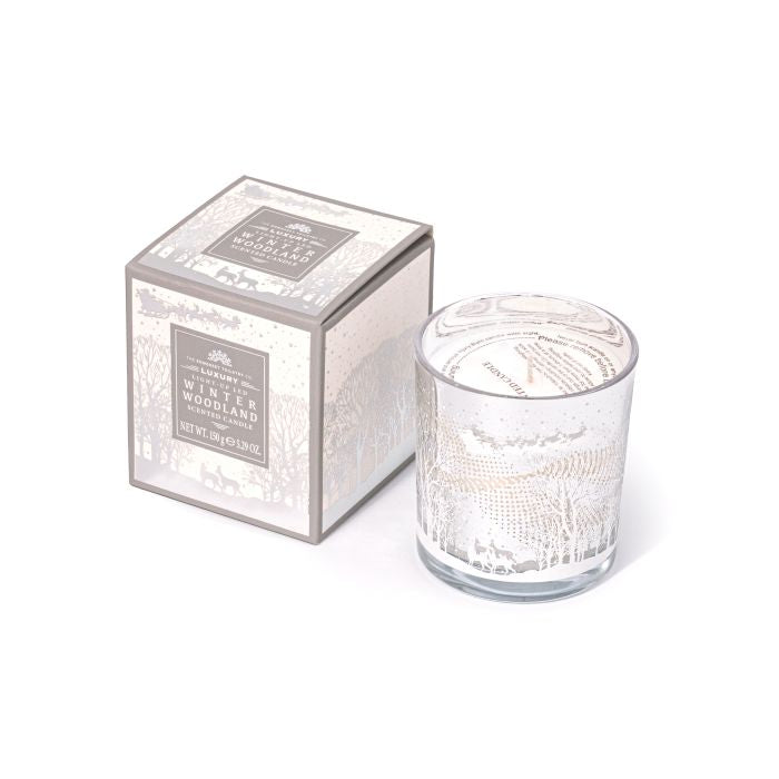 Christmas Candle - Winter Woodland Alpine Fir Scented. White candle with Christmas Design in a White and Silver Gifting Box