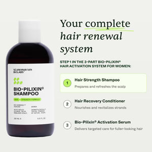 Bottle of Bio-Pilixin Shampoo with product description on a light gray background