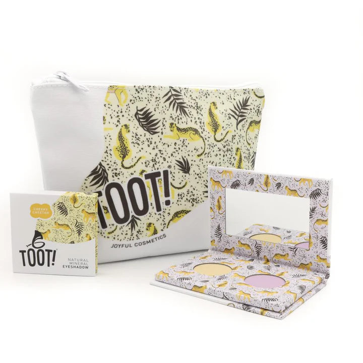 TOOT! cosmetic products with leopard print design on a white background